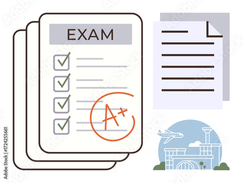 Exam paper with A grade, checklist, and additional document, alongside travel-related illustration. Ideal for education, achievement, success, evaluation travel goals aspirations. Simple flat