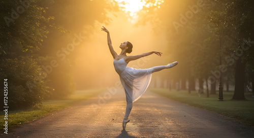 Graceful Ballerina Dancing in a Sunlit Park at Sunset, Virtual Reality Style Scene