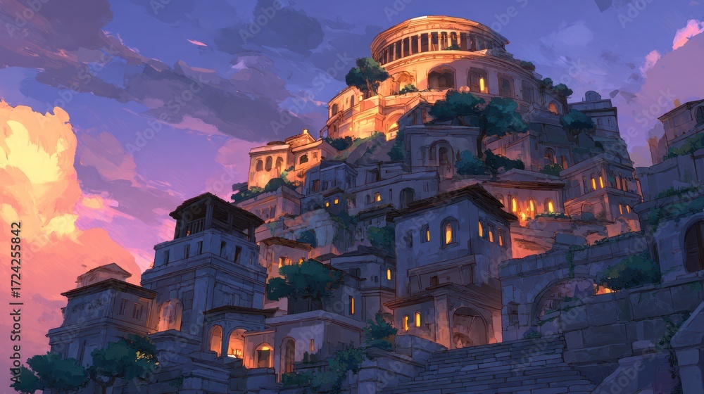 Fototapeta premium Ancient cityscape sunset