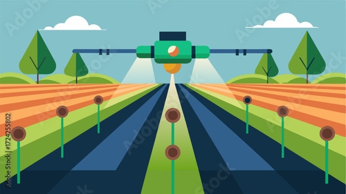 A closeup of a smart fertilizer dispensers precision nozzles accurately targeting specific areas of the field for customized fertilization.. Vector illustration