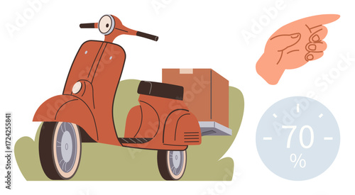 Red scooter with package on back, hand pointing gesture, and tracking progress indicator at 70. Ideal for delivery, logistics, transportation, progress, courier efficiency mobility. Simple flat