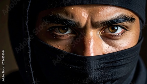 Close-up of a person wearing a black hood