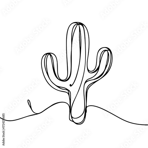 Continuous line art cactus in an arid landscape, minimalistic black and white design, symbolizing resilience and simplicity, concept of modern decor and art galleries.
