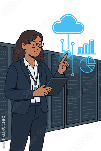 A successful female IT specialist in a data center uses a tablet to transform augmented VFX visualizations on a server farm cloud computing facility, while also serving as a system engineer for a