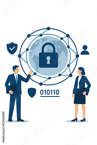 The cybersecurity concept of global network security technology involves business professionals safeguarding personal data, with encryption represented by a padlock icon on the virtual interface