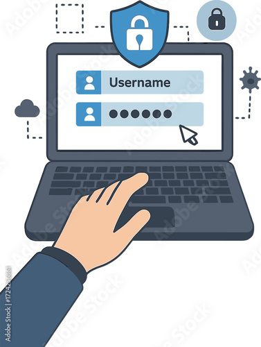 Typing manually on a laptop keyboard to enter a username and password for a technology security system and deter hackers