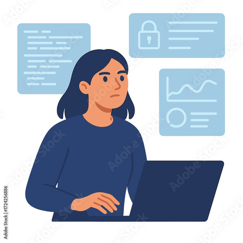 Focused on programming and coding, a woman works with holograms, digital software, cybersecurity, futuristic web development, and engages in data analysis, research, or analytics as a coder or trader