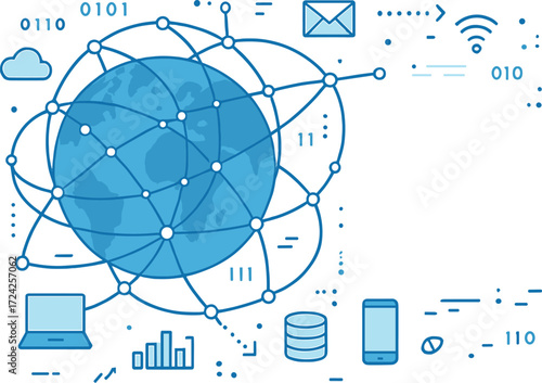 Worldwide network link, data transfer, digital tech backdrop, website banner