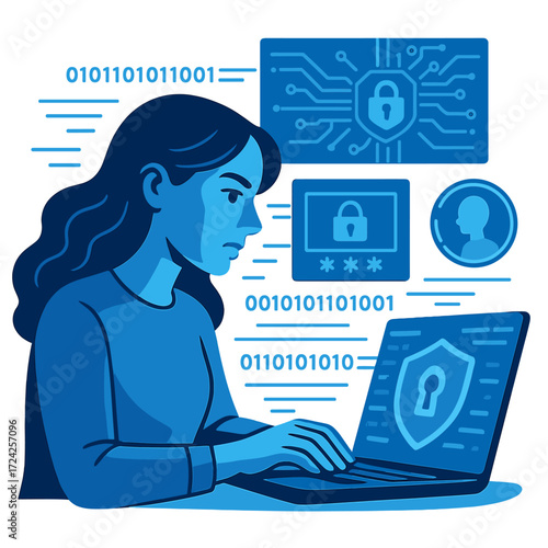 A woman in technology, bathed in blue data light, concentrating on cutting‑edge cybersecurity systems,