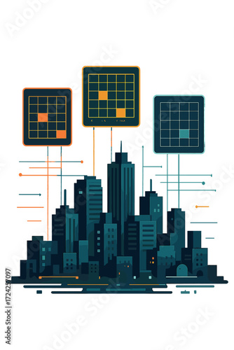 A miniature cityscape is overlaid with high‑tech data network color grids, rendered cinematically using  technology