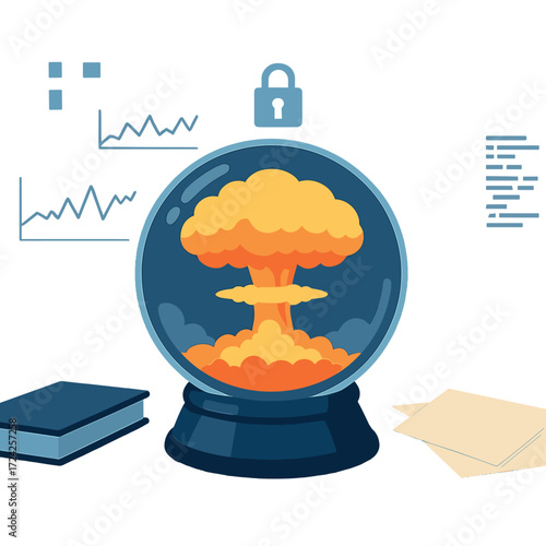 A crystal ball sits on a desk, projecting  images of a nuclear blast, while a blurred tech office behind it buzzes with intense cyber‑security operations