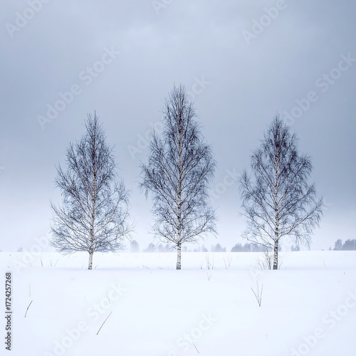 Three bare birch trees stand sentinel in a snowy landscape under a muted gray sky
