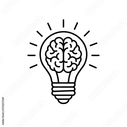 Brain inside lightbulb icon in black outline, creativity and intelligence concept