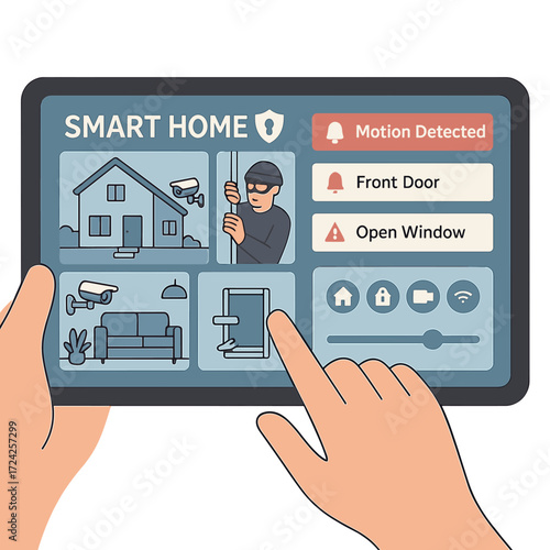 On a tablet, a smart home security interface shows real‑time video feeds and alerts from multiple cameras and sensors throughout the house, while a user remotely adjusts settings