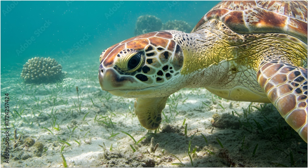 Fototapeta premium Intimate Underwater Portrait of a Green Sea Turtle in Mandeh Bay