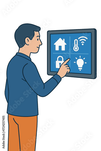 A man operates smart home technology using a wall-mounted touchscreen, demonstrating automated home features
