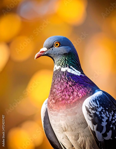 Close-up of a pigeon in autumnal light