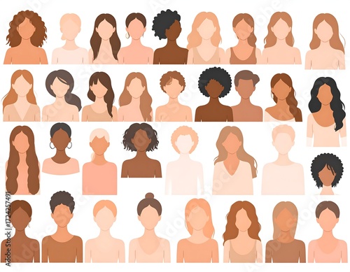 Diverse female avatars, various hairstyles and skin tones