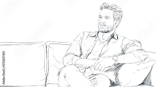 Smiling Man on Sofa Looking Away Vector Illustration