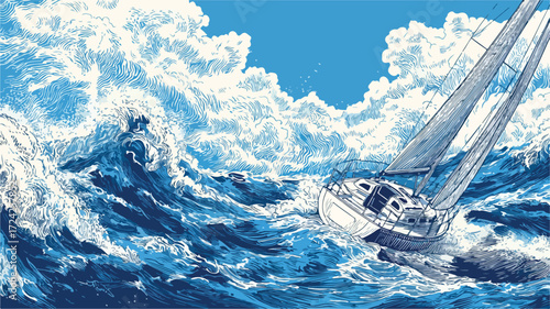 Struggling Sailboat in Stormy Seas Vector Illustration