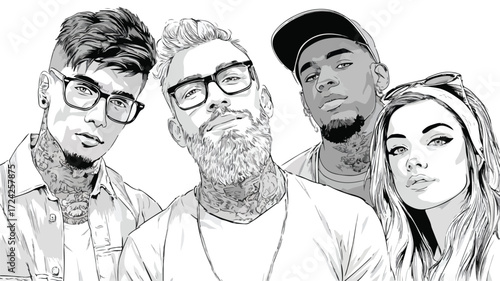 Professional Young Man with Stylish Tattoos and Beard in Group Portrait
