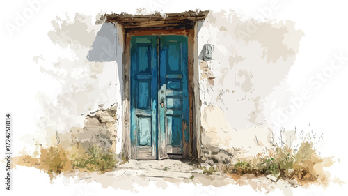 Sunlit Cyprus Old Door Watercolor Painting Artistic Illustration