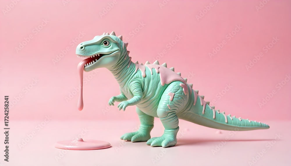 Obraz premium a, pastel, green, dinosaur, with, running, painting, showered, with, paint, dripping, drip, of, color, colors, cartoon, animal, vector, dragon, reptile, illustration, crocodile, dino, lizard, soft, 1