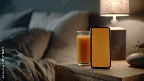 Bedside nightstand with juice and phone
