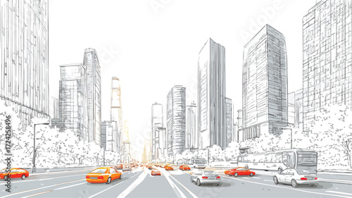 Dynamic Urban Cityscape with Skyscrapers and Busy Car Traffic