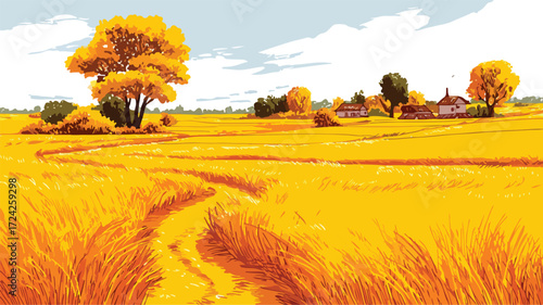 Vibrant Wheat Fields Cartoon Vector Illustration