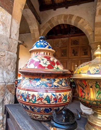 Ornate ceramic pots, possibly tagines, displayed under an archway