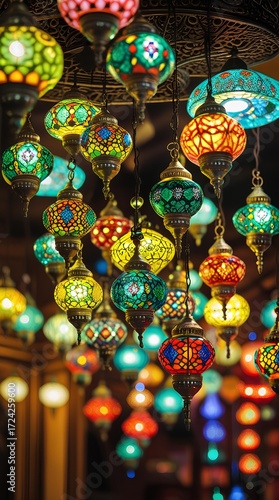 a colorful Moroccan lanterns hanging from the ceiling
