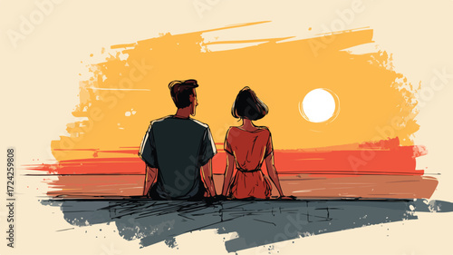 Romantic Young Couple Watching Sunset Cartoon Vector Illustration
