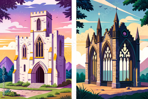 Gothic chapel ruins vector vintage engraving art for historical design wallpaper background