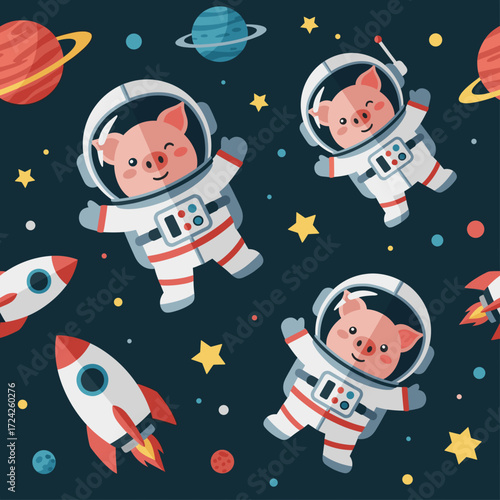 Cute pig astronauts explore the starry universe with rockets and planets Fun space adventure for kids
