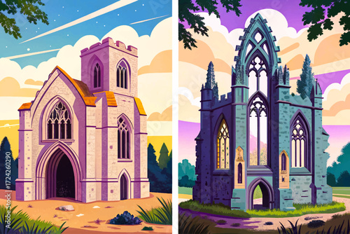 Gothic chapel ruins vector vintage engraving art for historical design wallpaper background