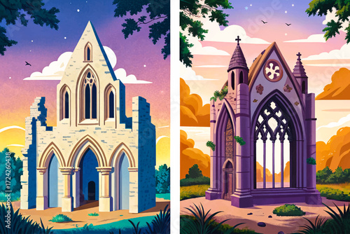 Gothic chapel ruins vector vintage engraving art for historical design wallpaper background