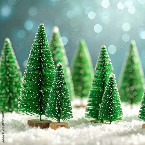 Miniature Christmas trees, snowy backdrop