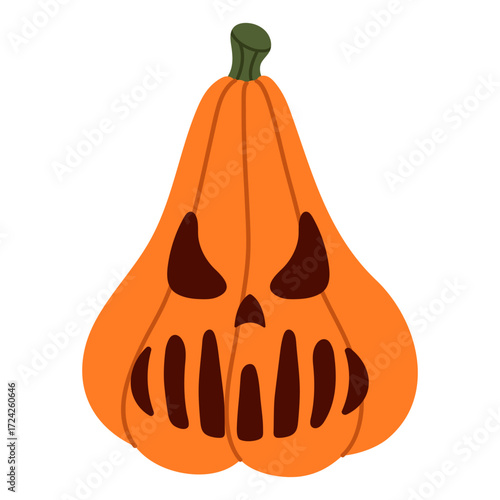 Gourd-shaped pumpkin with long angry eyes and terrifying mouth. Dark and spooky Halloween lantern design. Flat vector fall illustration. Isolated background. Hand-drawn.