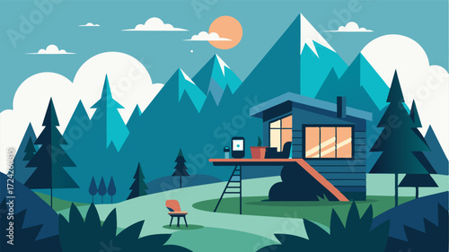 An offgrid retreat in the mountains provides a quiet and serene environment for remote workers to unplug and focus on their work without any distractions.. Vector illustration