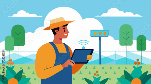 A farmer adjusts the smart temperature control system on his tablet ensuring that the greenhouse maintains optimal growing conditions for his crops.. Vector illustration