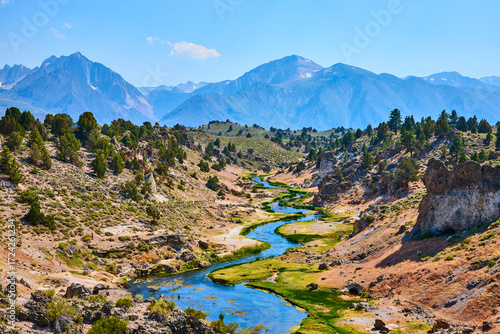 Tableau sur toile Hot Creek River Winding Through Geothermal Valley with Sierra Nevada Mountains