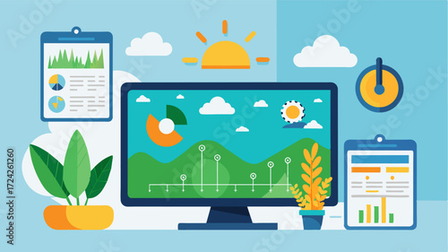 A digital dashboard showing realtime updates on crop growth weather forecasts and equipment performance from smart farm management software.. Vector illustration