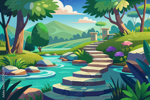 vector of The stepping stones lift me up, tired but hopeful. With the last step, my eyes fall on a bright garden; Where rivers dance and heavenly trees spread shade.