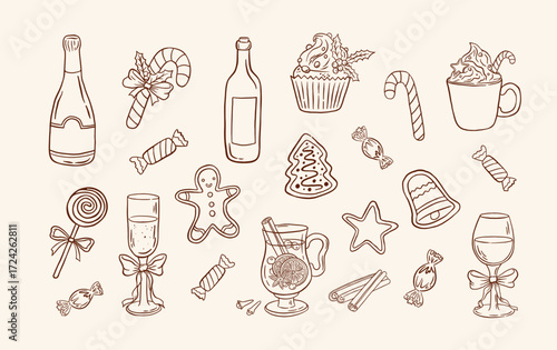 Hand drawn vintage Christmas sweets and beverage vector illustration. Candy, cupcake, lollipop, gingerbread, mulled wine, champagne icon set. Winter holiday clipart.