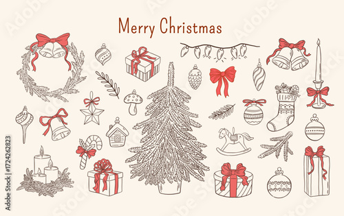 Hand drawn vintage Christmas decoration set with Xmas tree, wreath, bell, gift, candle vector illustration. Winter holiday clipart. Happy New Year.