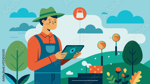 A farmer using a tablet to remotely access an AI system that recommends the optimal irrigation schedule for their crops based on soil type climate and other variables.. Vector illustration