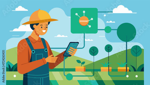 A farmer using a mobile app to set up and schedule irrigation zones using their smart irrigation controller streamlining the irrigation process for different crops and sections of. Vector illustration