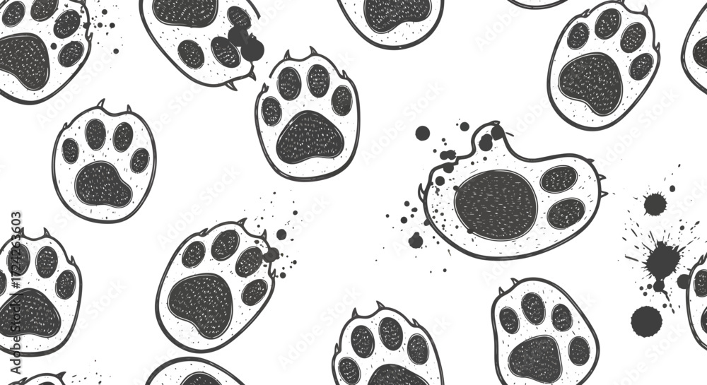 Fototapeta premium Black and white paw prints scattered across a white background, creating a pattern.