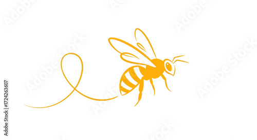 Illustration of a honeybee in flight, with a stylized trail behind it.